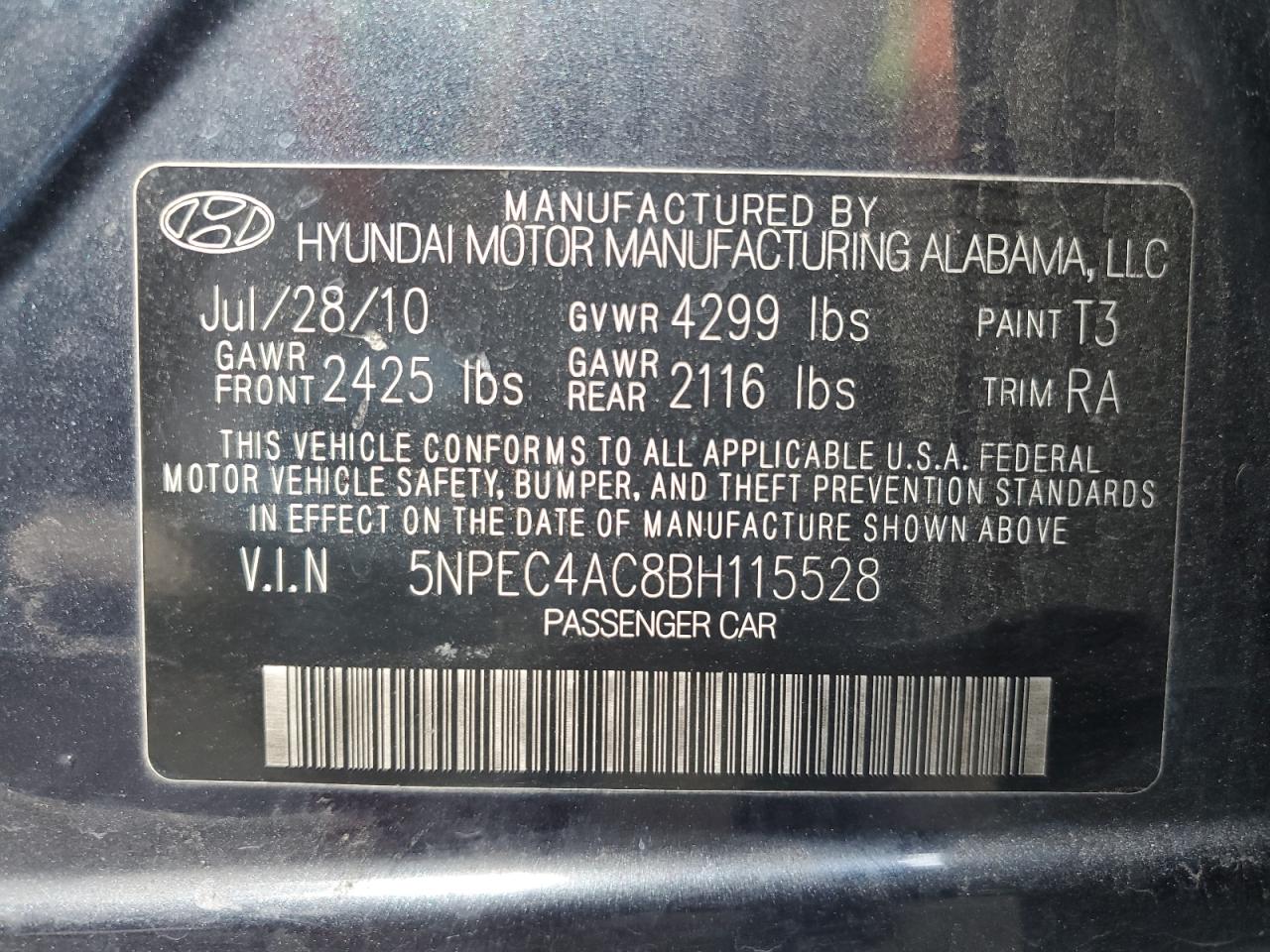 5NPEC4AC8BH115528 2011 Hyundai Sonata Se