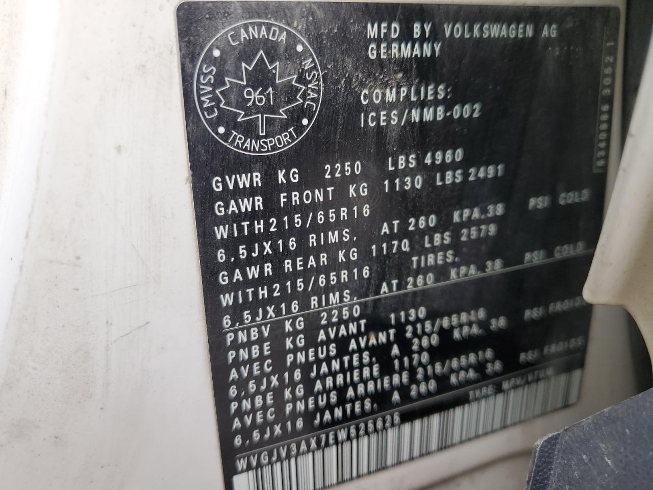 2014 Volkswagen Tiguan S VIN: WVGJV3AX7EW525625 Lot: 54592674