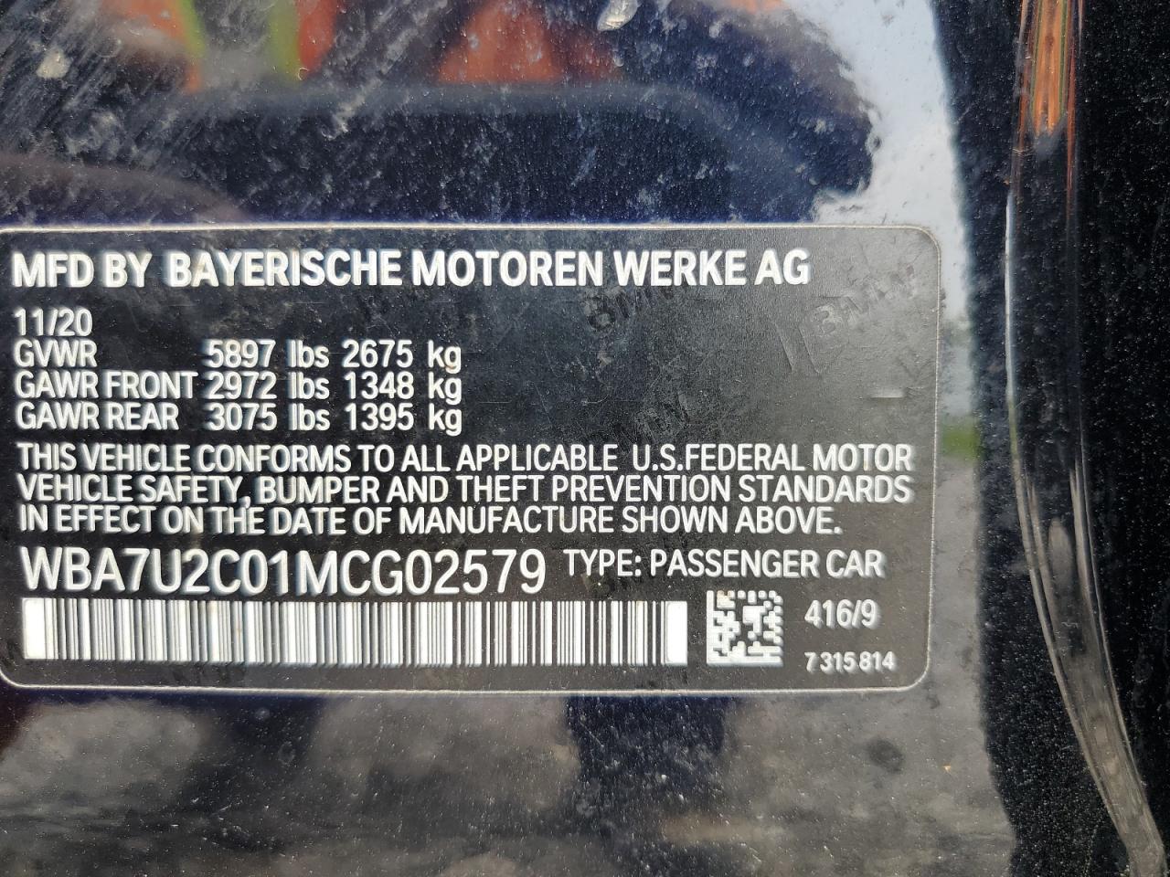 2021 BMW 750 Xi VIN: WBA7U2C01MCG02579 Lot: 56129064