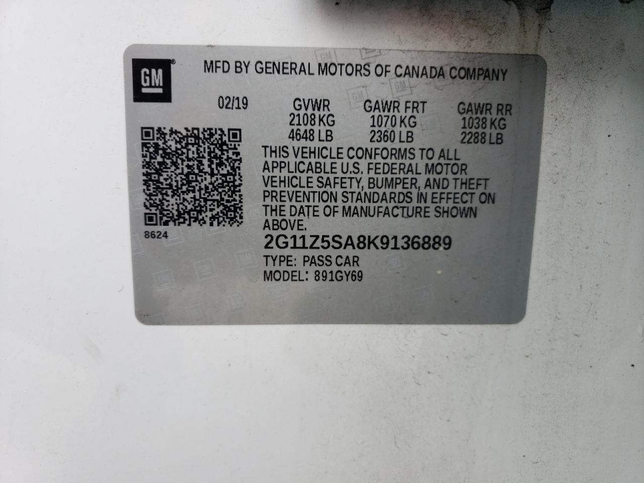 2G11Z5SA8K9136889 2019 Chevrolet Impala Lt