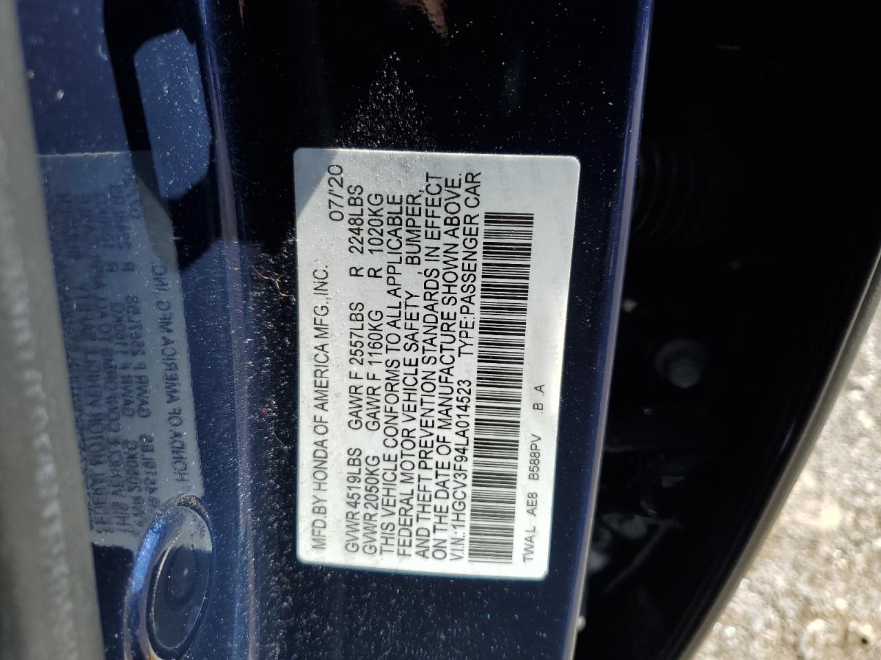 2020 Honda Accord Touring Hybrid VIN: 1HGCV3F94LA014523 Lot: 56832324