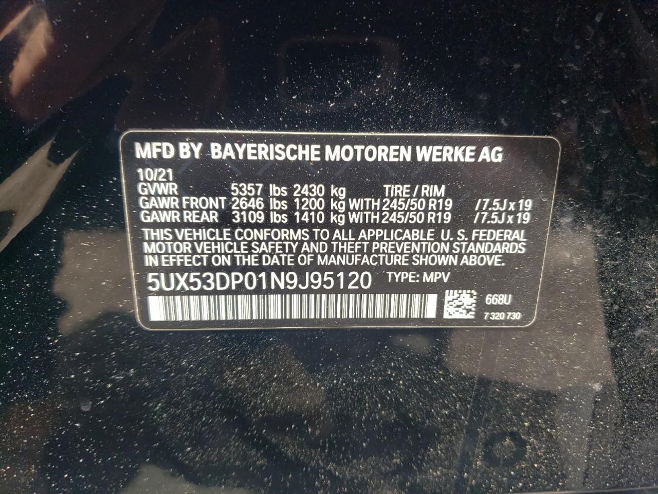 2022 BMW X3 xDrive30I VIN: 5UX53DP01N9J95120 Lot: 56655054