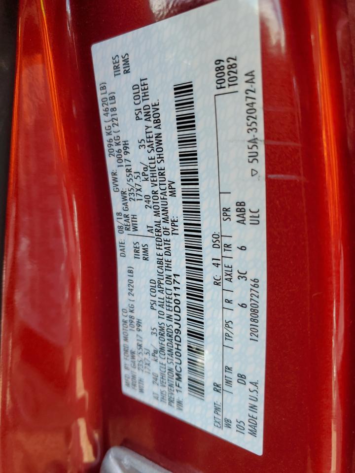 2018 Ford Escape Sel VIN: 1FMCU0HD9JUD01171 Lot: 60227124