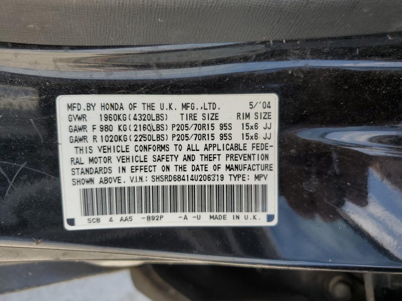 SHSRD68414U206319 2004 Honda Cr-V Lx