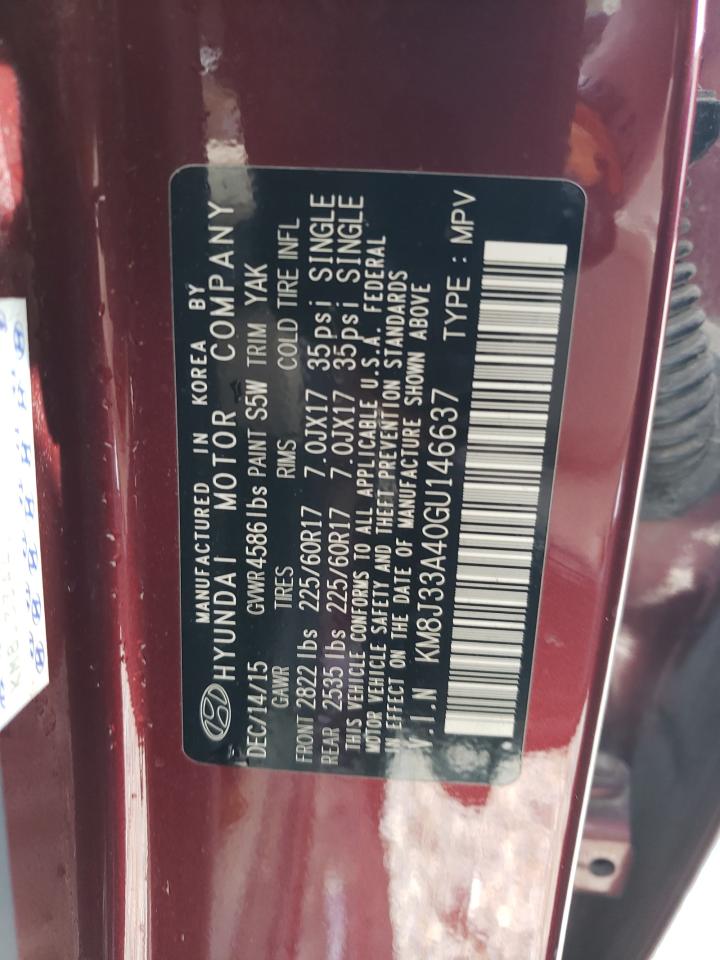 2016 Hyundai Tucson Limited VIN: KM8J33A40GU146637 Lot: 53096344