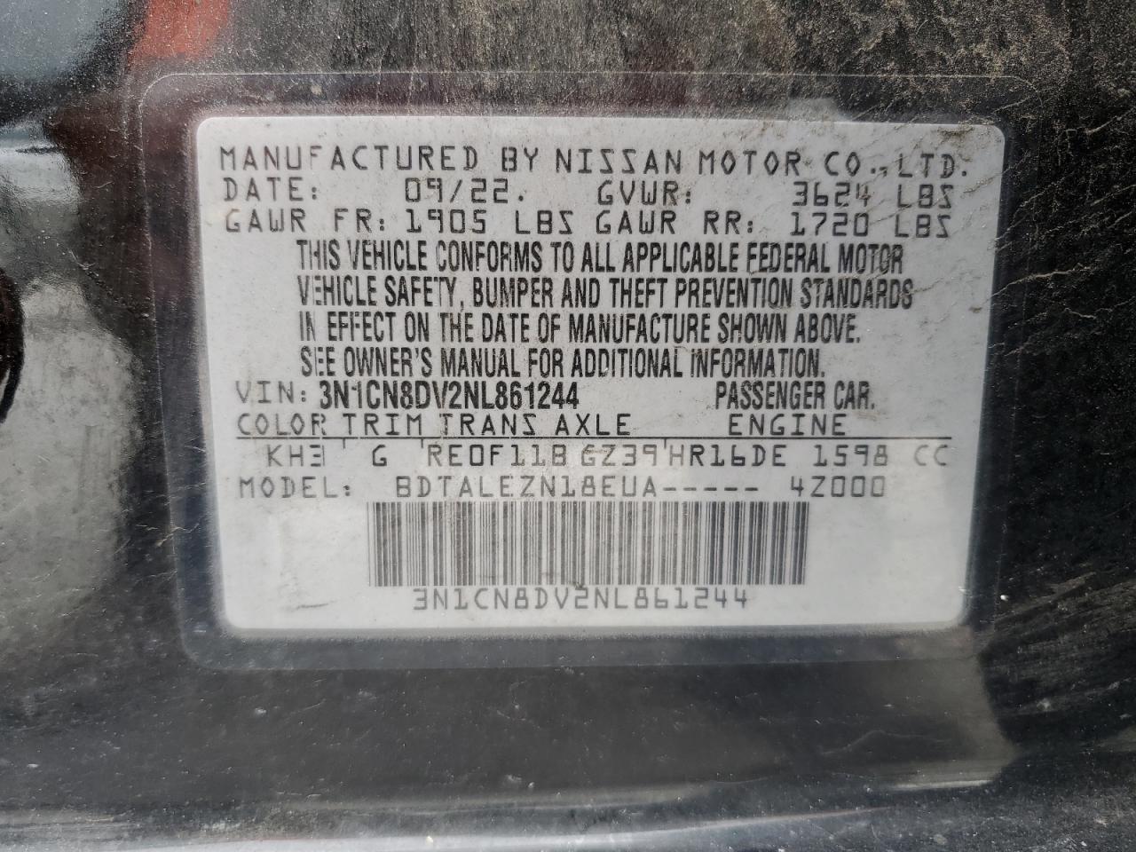 3N1CN8DV2NL861244 2022 Nissan Versa S