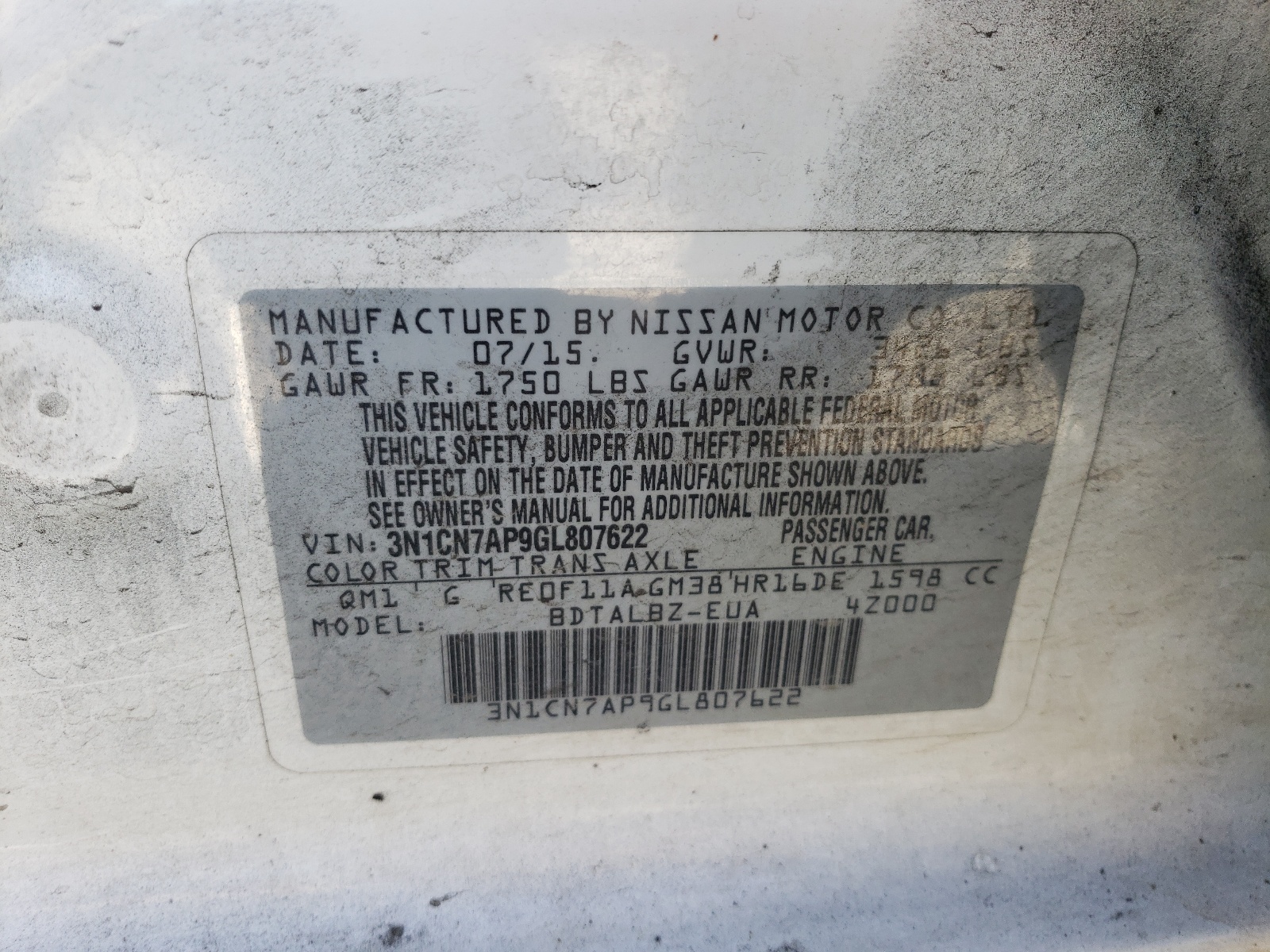 3N1CN7AP9GL807622 2016 Nissan Versa S