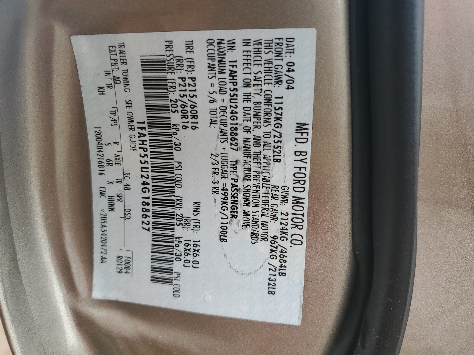 1FAHP55U24G188627 2004 Ford Taurus Ses