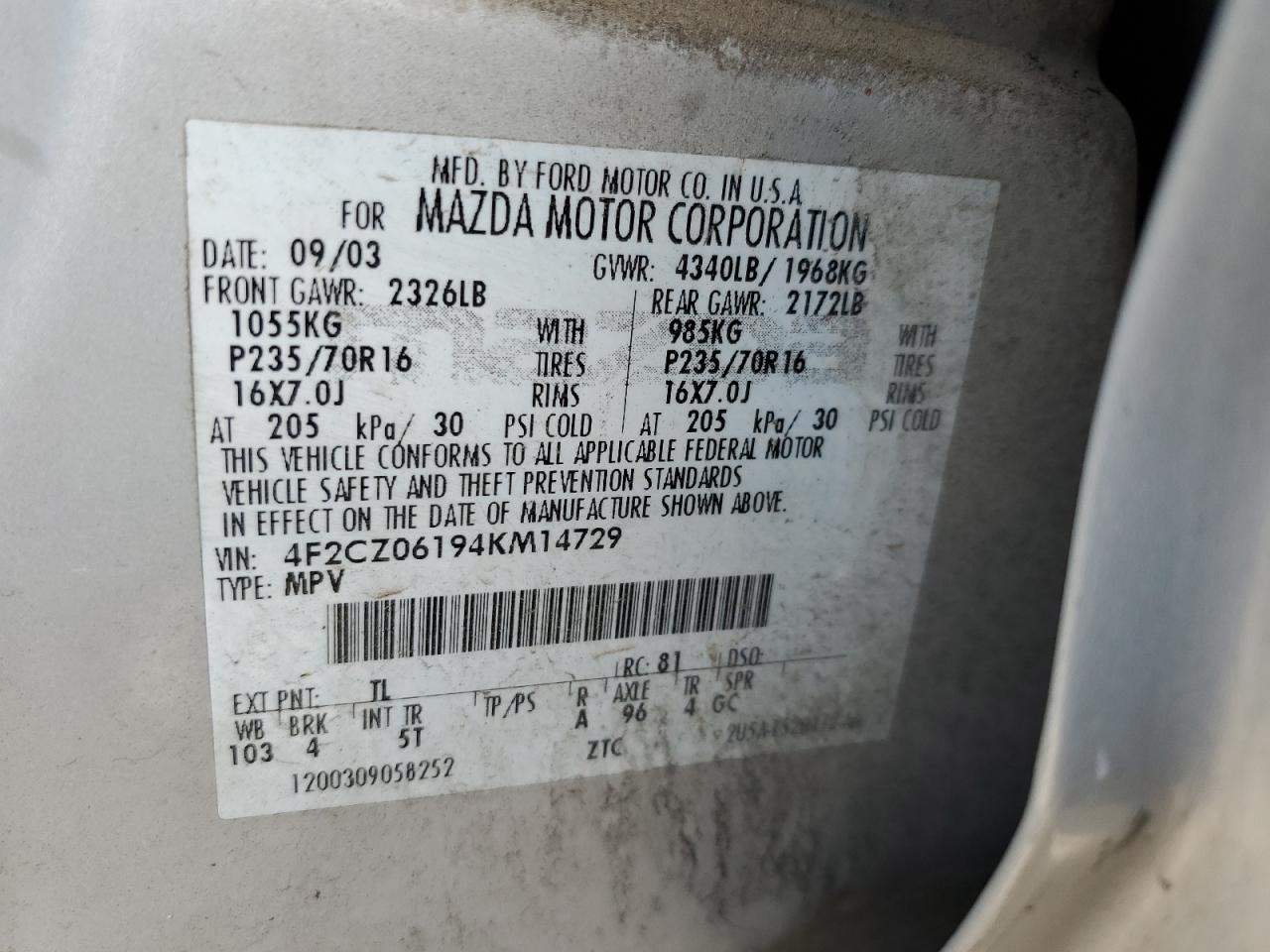 2004 Mazda Tribute Es VIN: 4F2CZ06194KM14729 Lot: 92102395