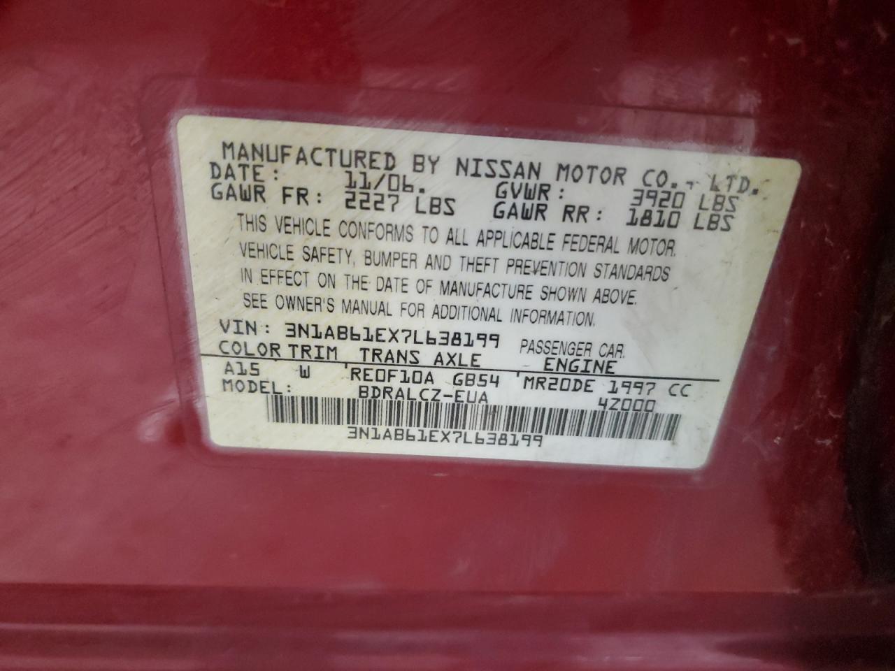 2007 Nissan Sentra 2.0 VIN: 3N1AB61EX7L638199 Lot: 56347304