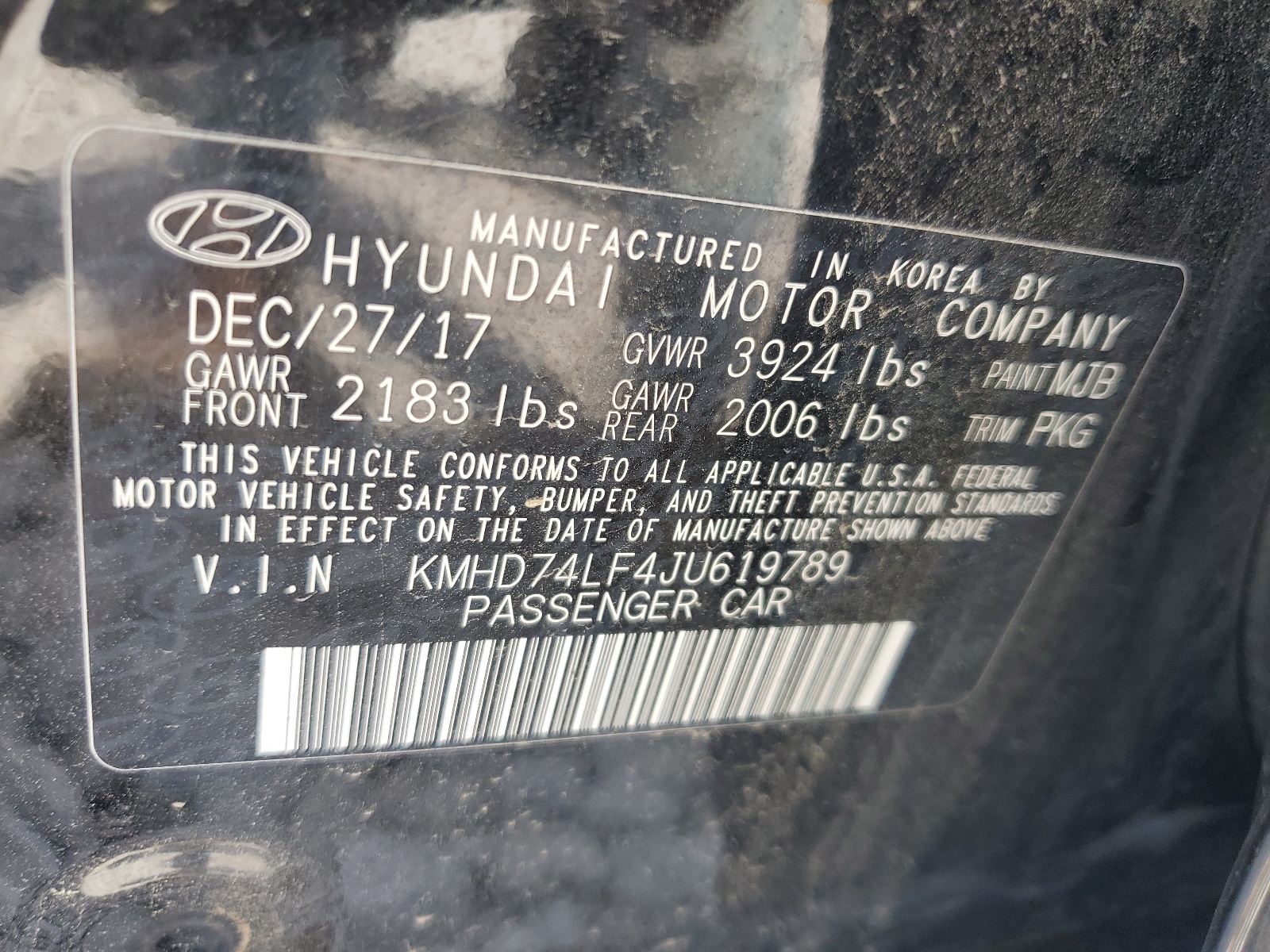 KMHD74LF4JU619789 2018 Hyundai Elantra Se