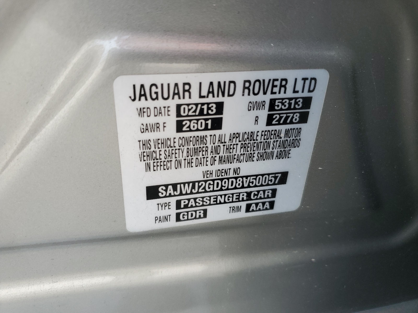 SAJWJ2GD9D8V50057 2013 Jaguar Xjl Portfolio