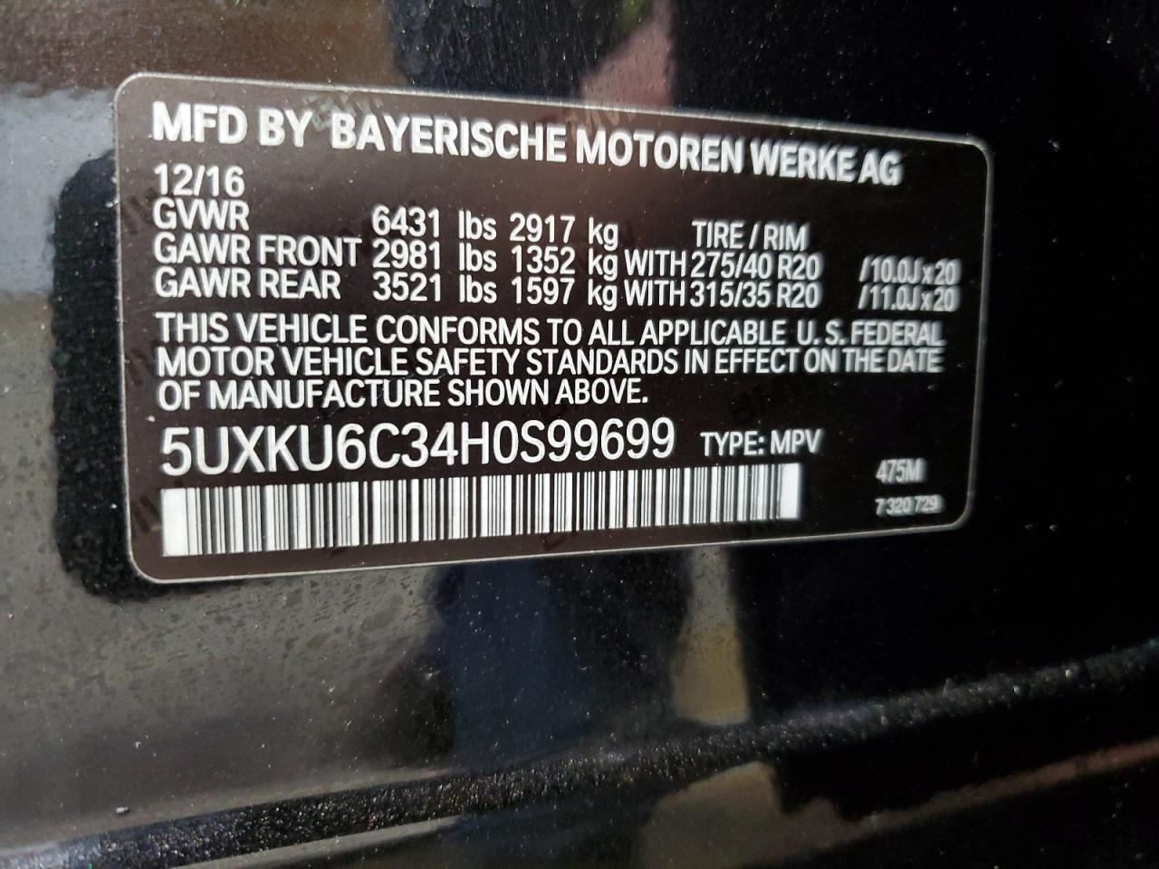 5UXKU6C34H0S99699 2017 BMW X6 xDrive50I