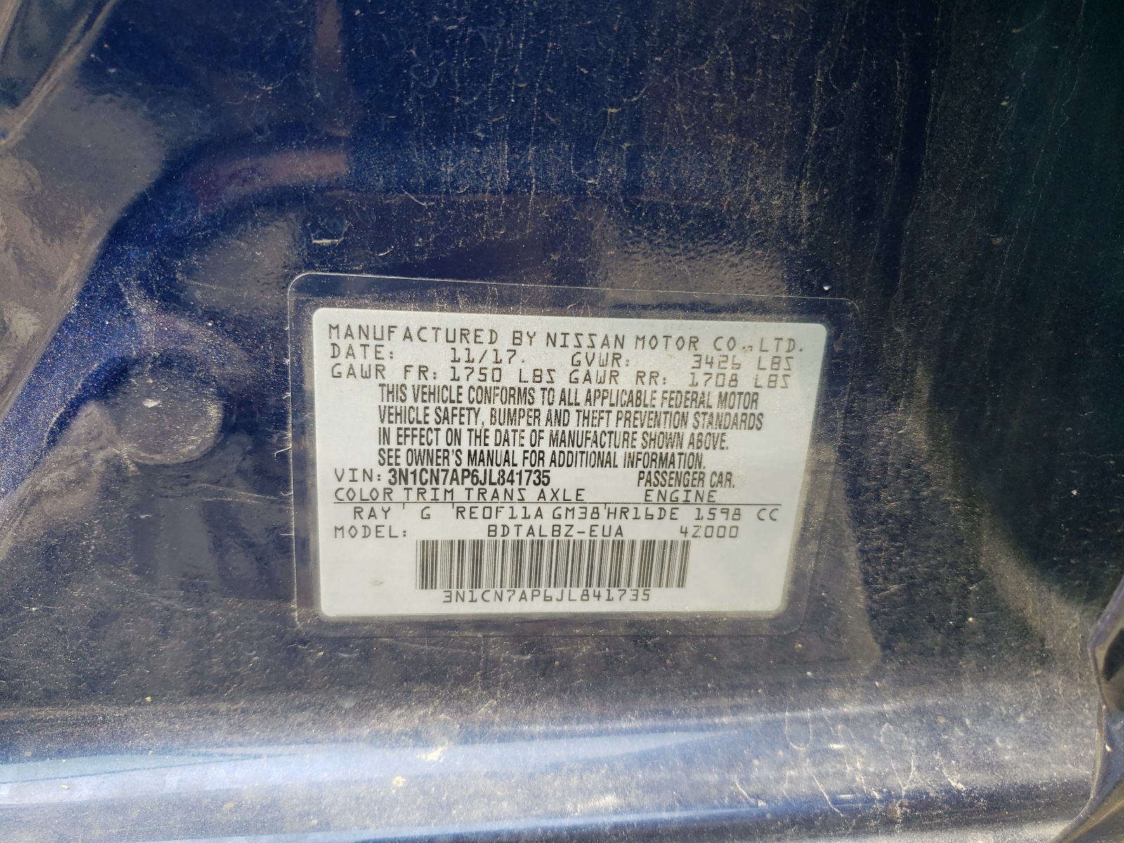 3N1CN7AP6JL841735 2018 Nissan Versa S