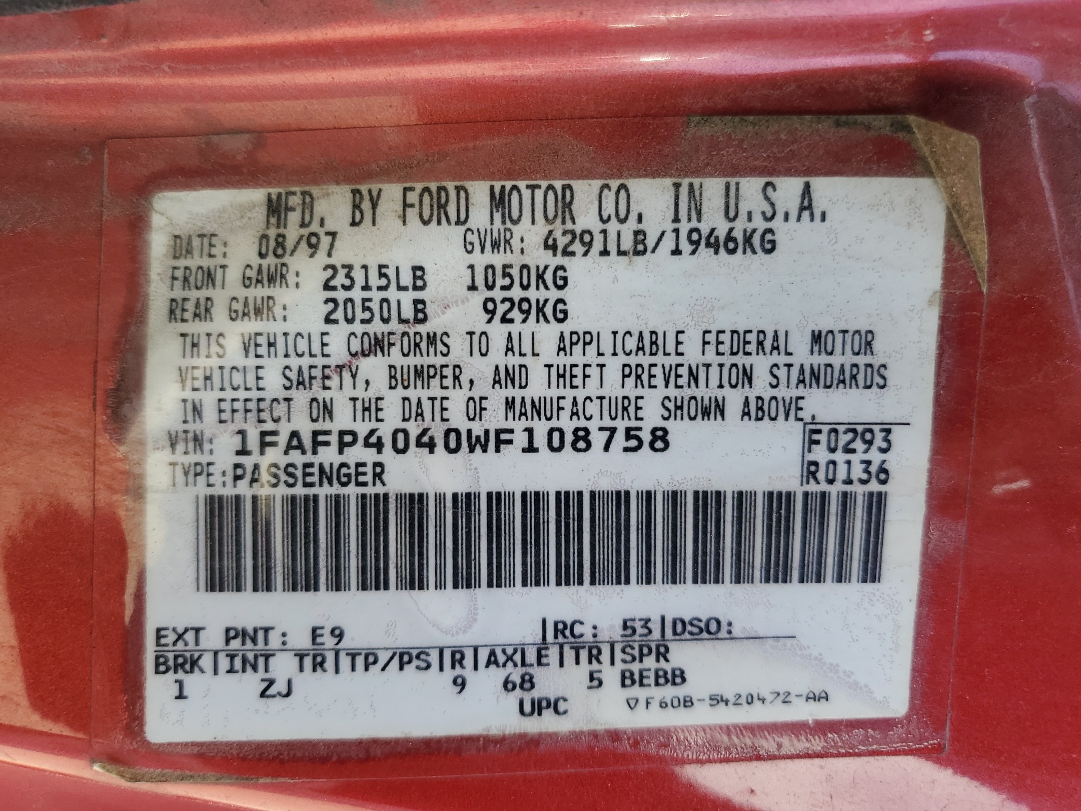 1FAFP4040WF108758 1998 Ford Mustang