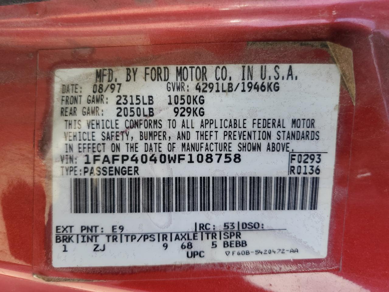 1998 Ford Mustang VIN: 1FAFP4040WF108758 Lot: 54393484