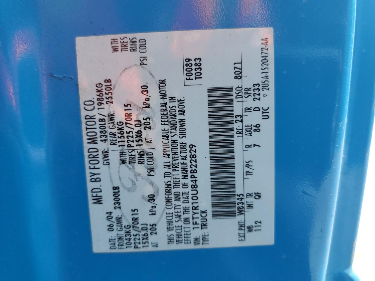 2004 Ford Ranger VIN: 1FTYR10U84PB22829 Lot: 53855074