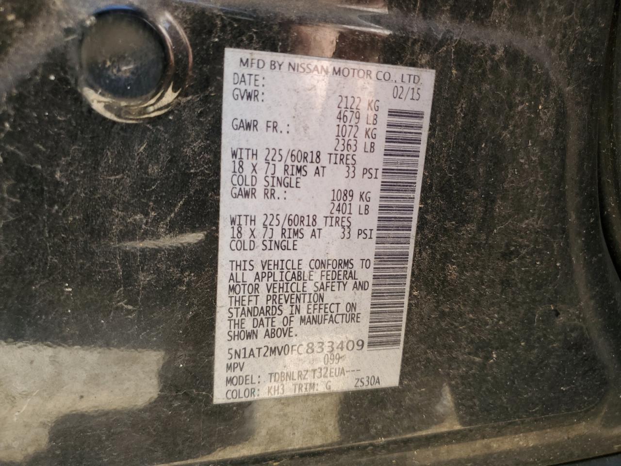 2015 Nissan Rogue S VIN: 5N1AT2MV0FC833409 Lot: 58842284