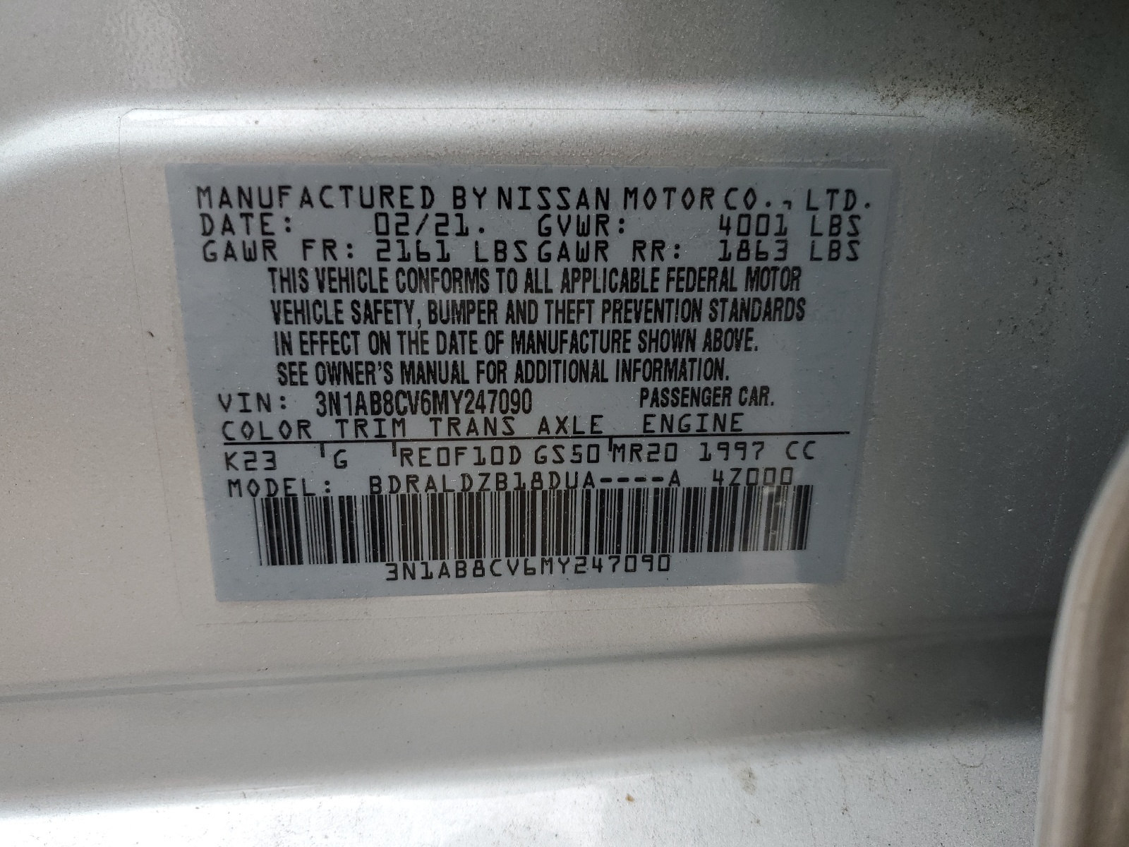 3N1AB8CV6MY247090 2021 Nissan Sentra Sv