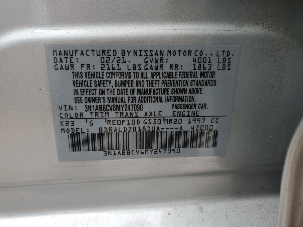 2021 Nissan Sentra Sv VIN: 3N1AB8CV6MY247090 Lot: 55031944