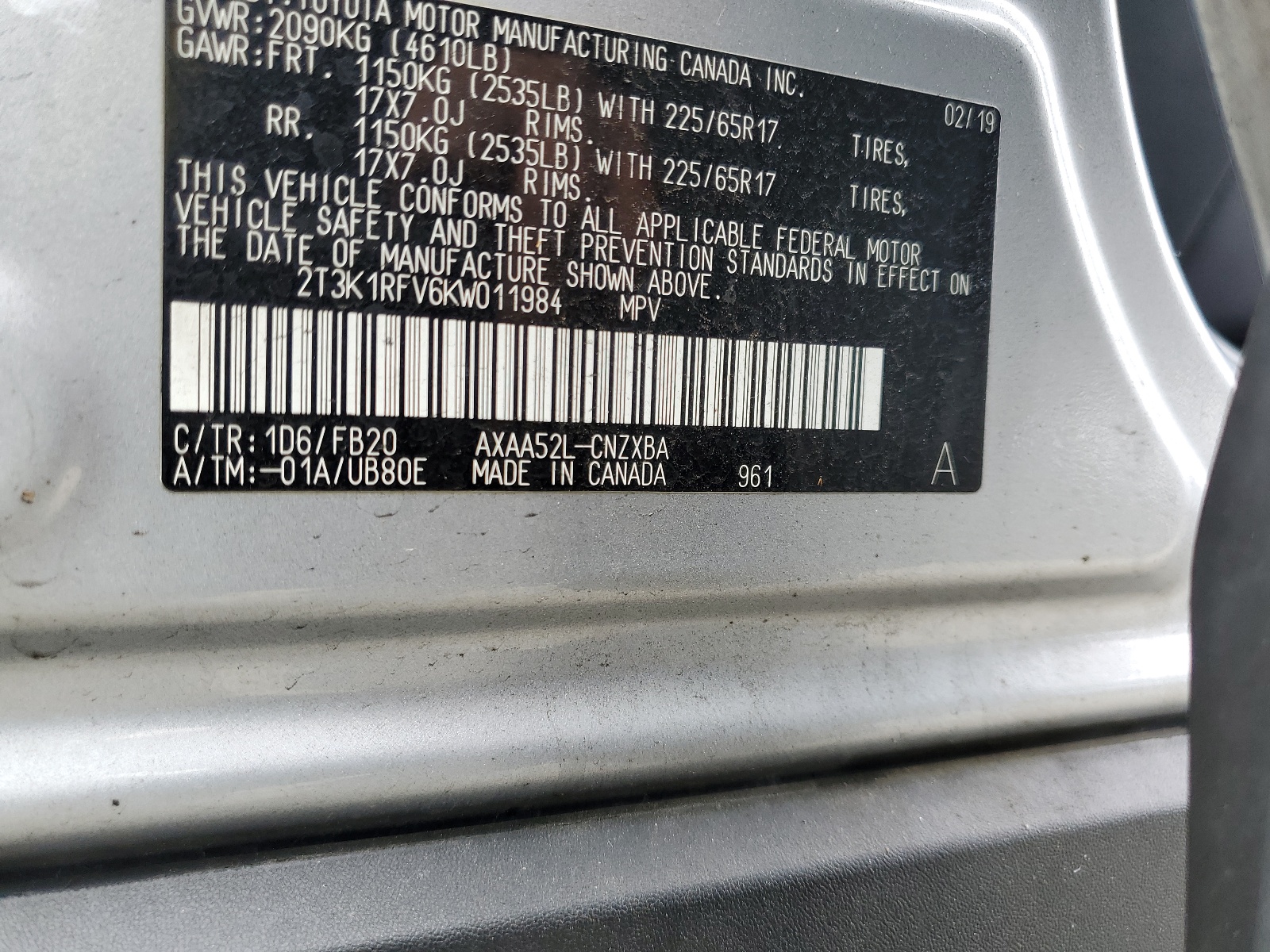 2T3K1RFV6KW011984 2019 Toyota Rav4 Le