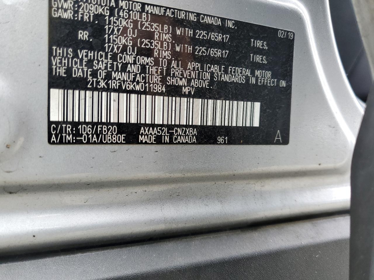 2019 Toyota Rav4 Le VIN: 2T3K1RFV6KW011984 Lot: 54091034