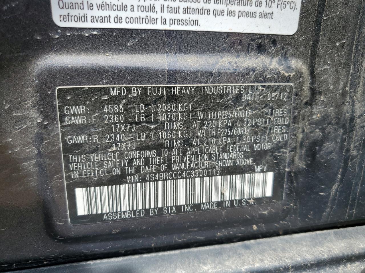 2012 Subaru Outback 2.5I Premium VIN: 4S4BRCCC4C3300113 Lot: 56944454