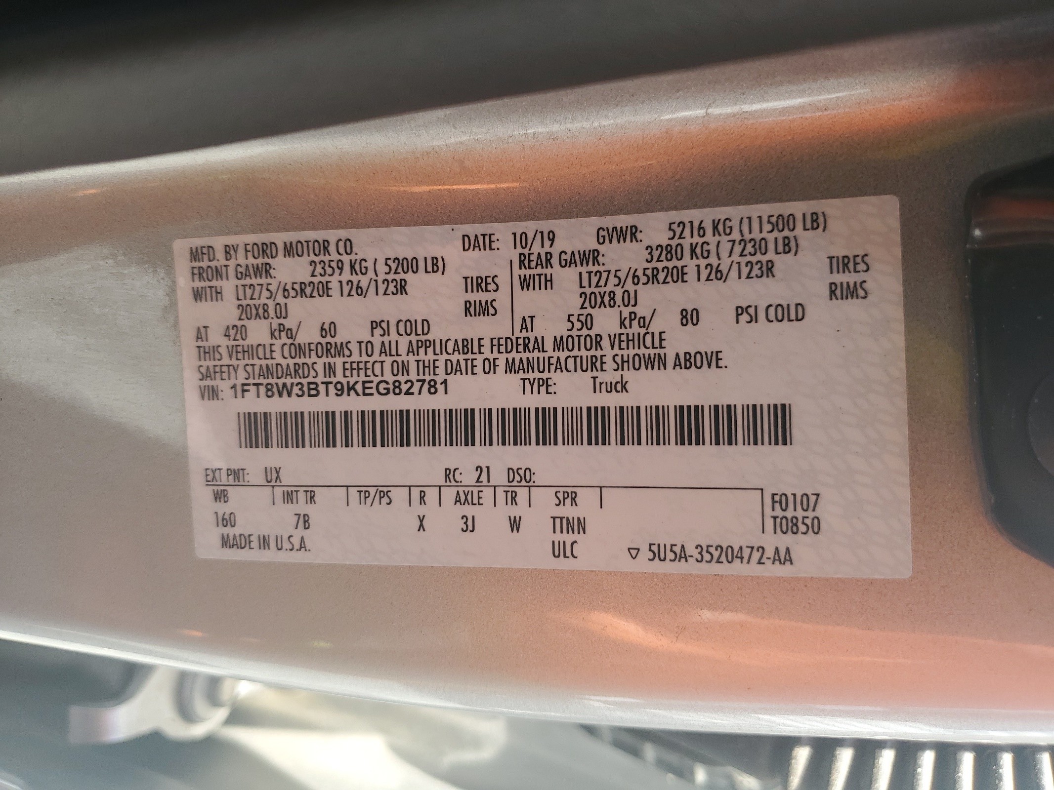 1FT8W3BT9KEG82781 2019 Ford F350 Super Duty