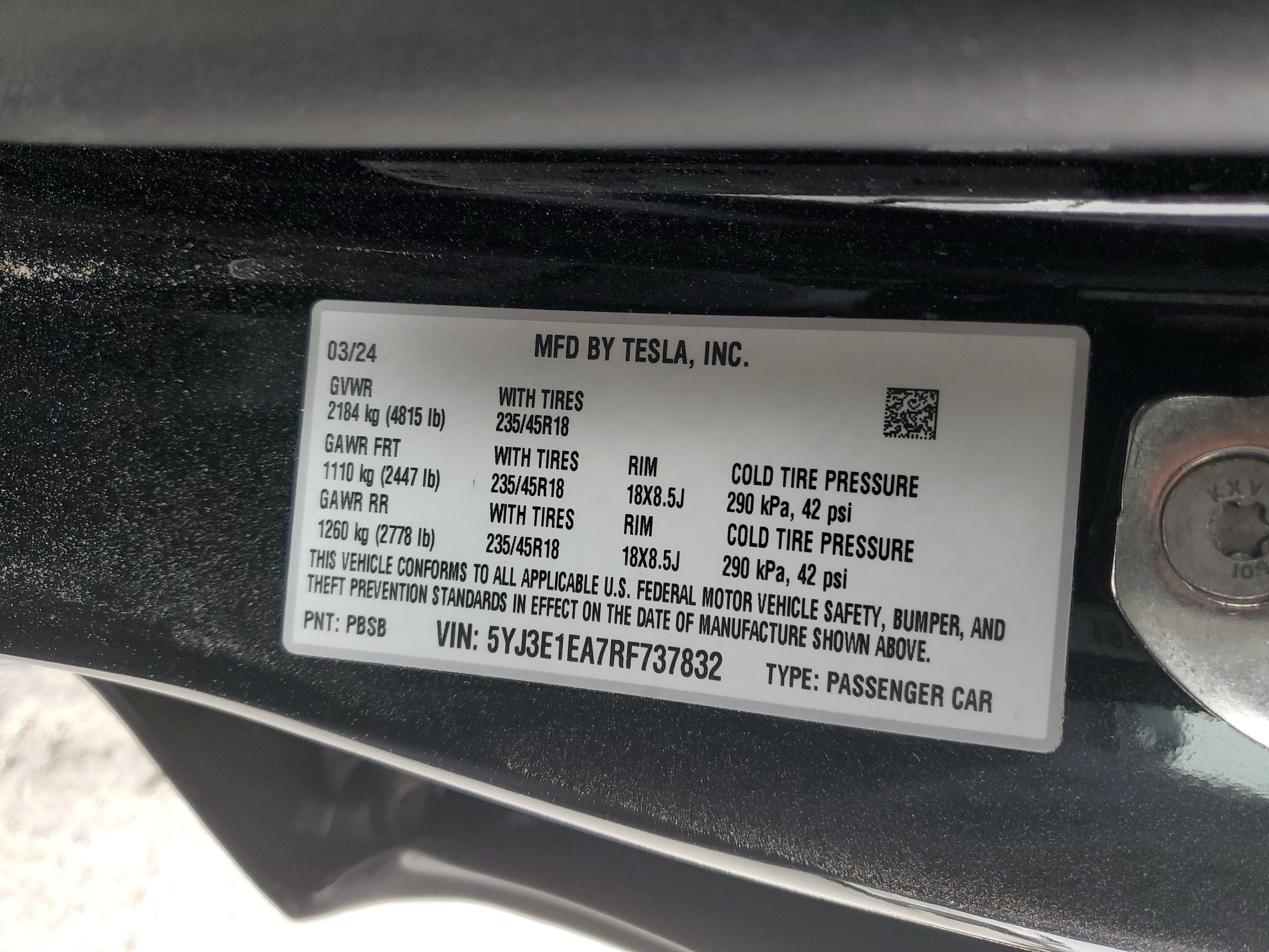 5YJ3E1EA7RF737832 2024 Tesla Model 3