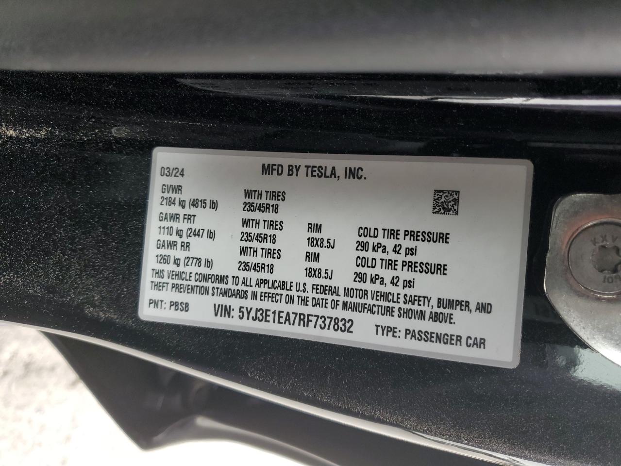 2024 Tesla Model 3 VIN: 5YJ3E1EA7RF737832 Lot: 53351254