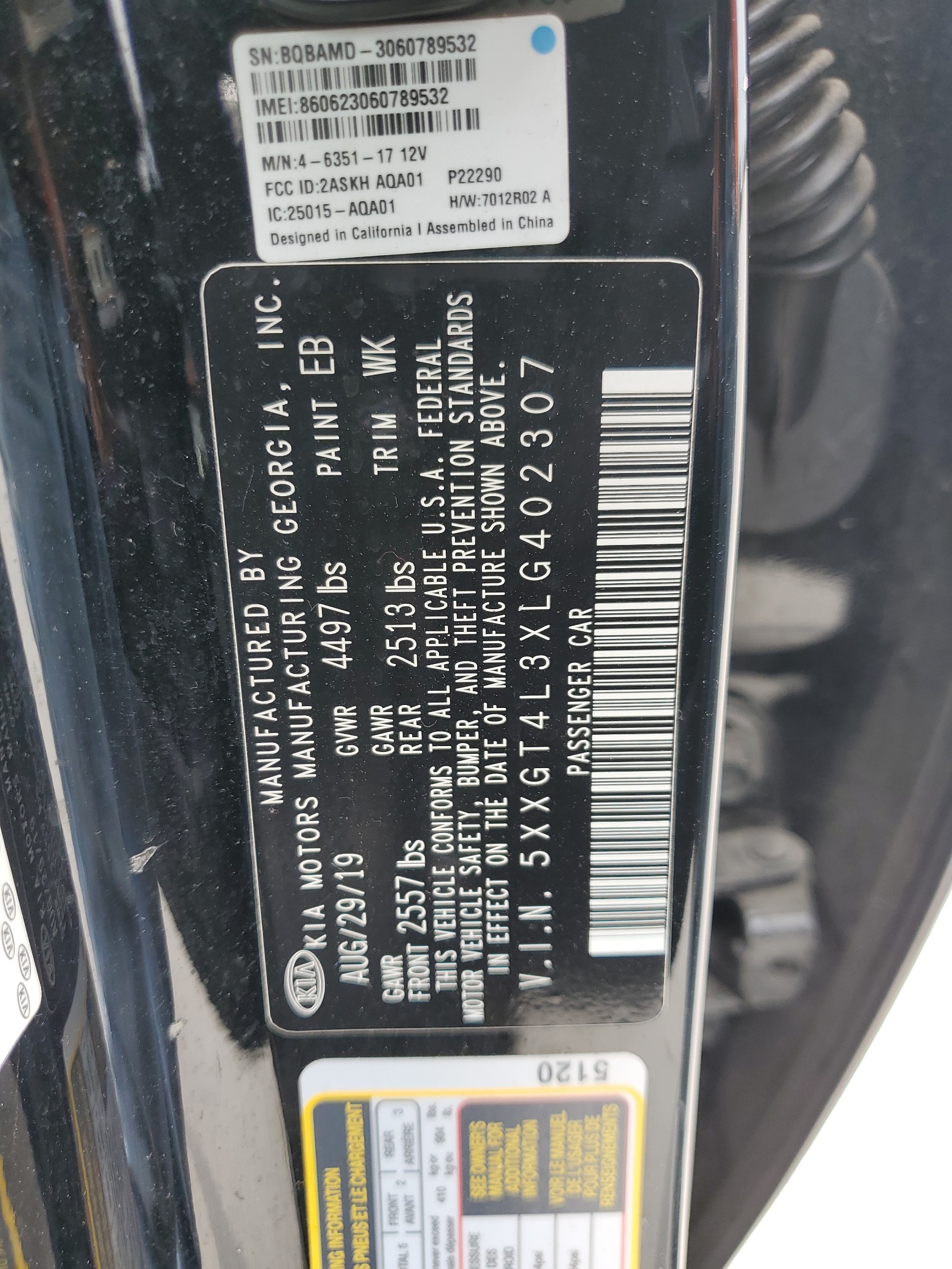 5XXGT4L3XLG402307 2020 Kia Optima Lx