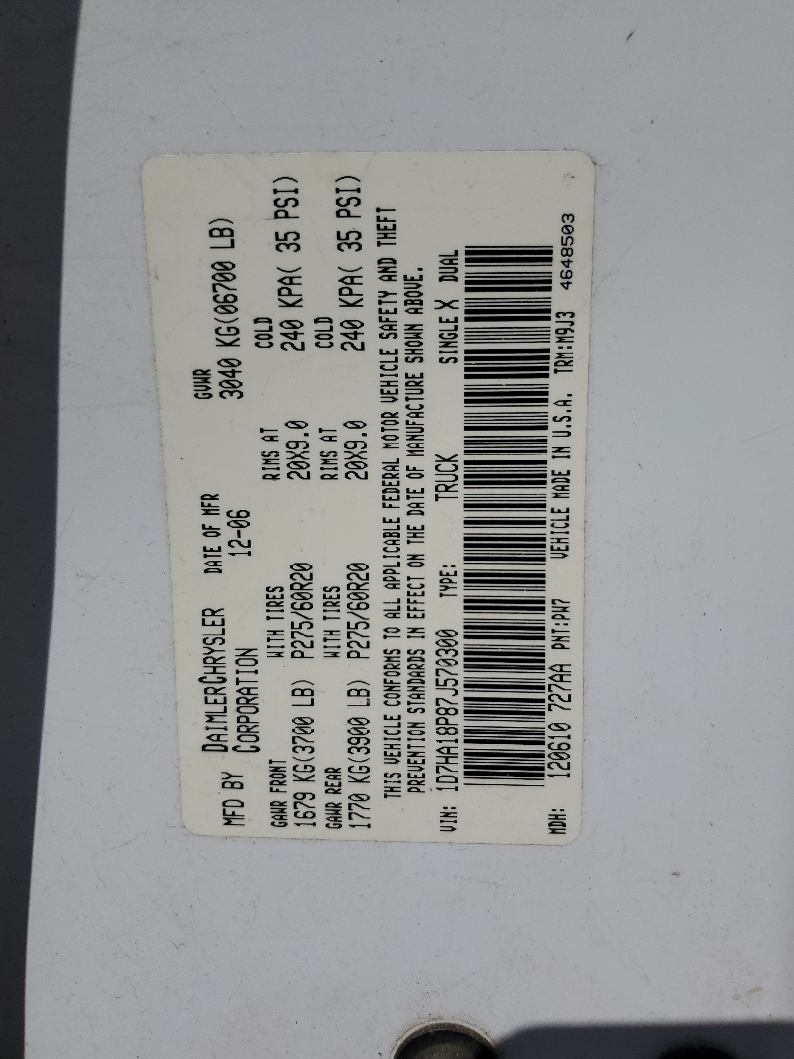 1D7HA18P87J570300 2007 Dodge Ram 1500 St