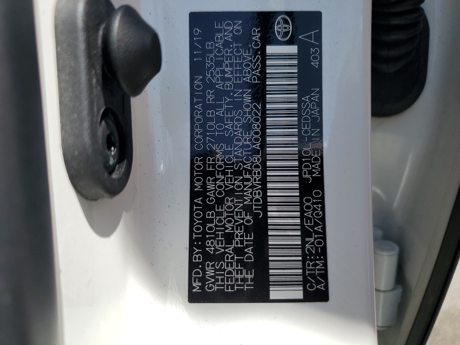 JTDBVRBD8LA008022 2020 Toyota Mirai