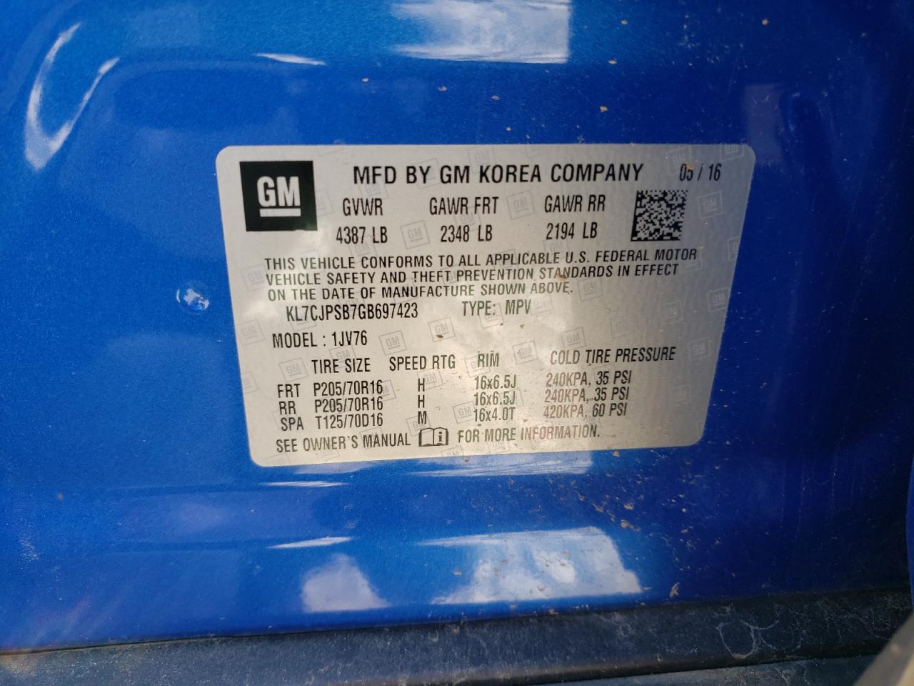 2016 Chevrolet Trax 1Lt VIN: KL7CJPSB7GB697423 Lot: 52829784