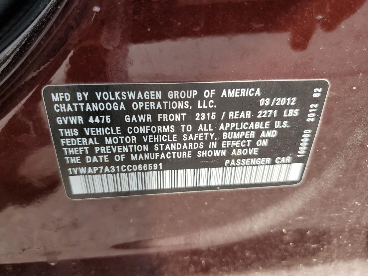 2012 Volkswagen Passat S VIN: 1VWAP7A31CC066591 Lot: 53690484