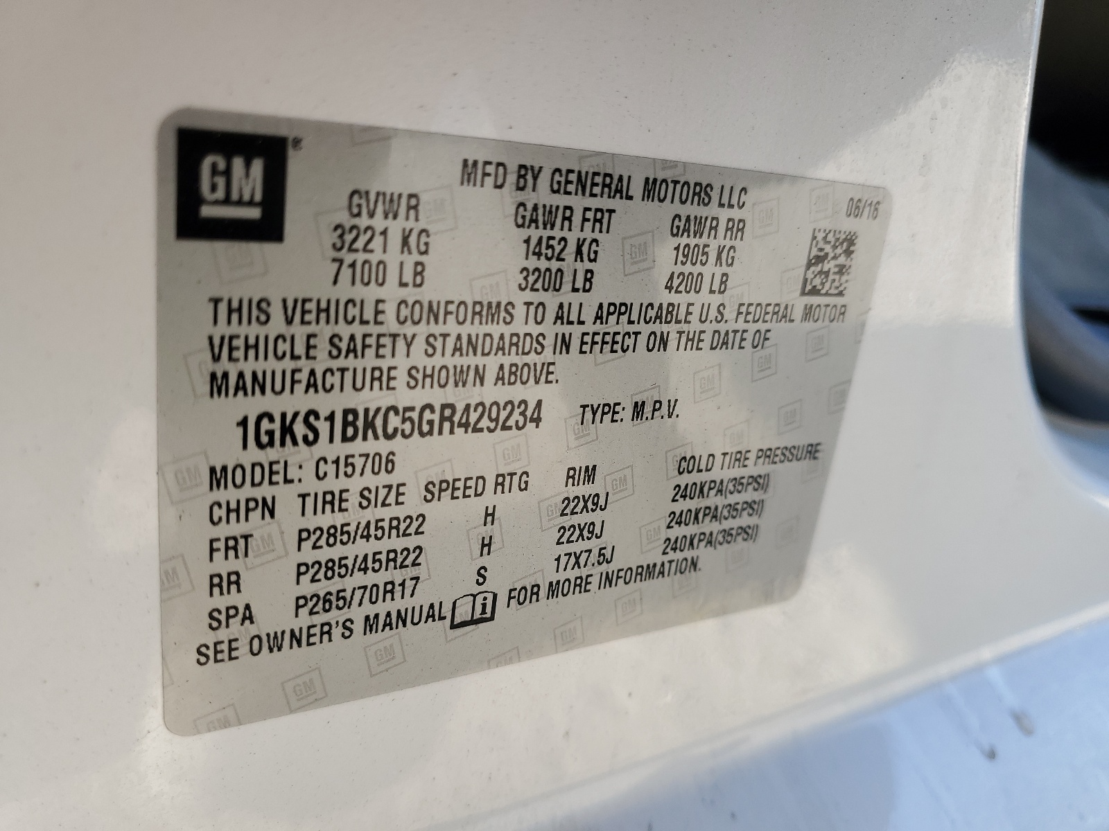 1GKS1BKC5GR429234 2016 GMC Yukon Slt