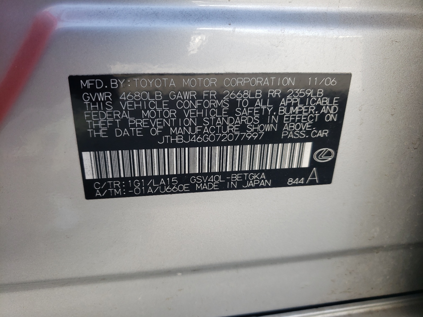 JTHBJ46G072077997 2007 Lexus Es 350