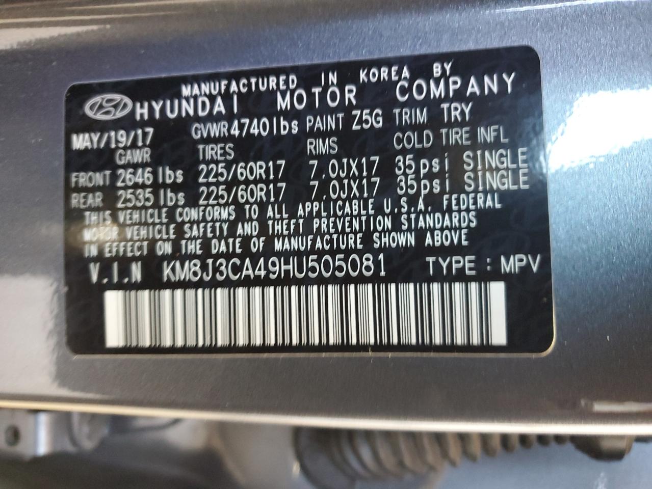 2017 Hyundai Tucson Limited VIN: KM8J3CA49HU505081 Lot: 56861104