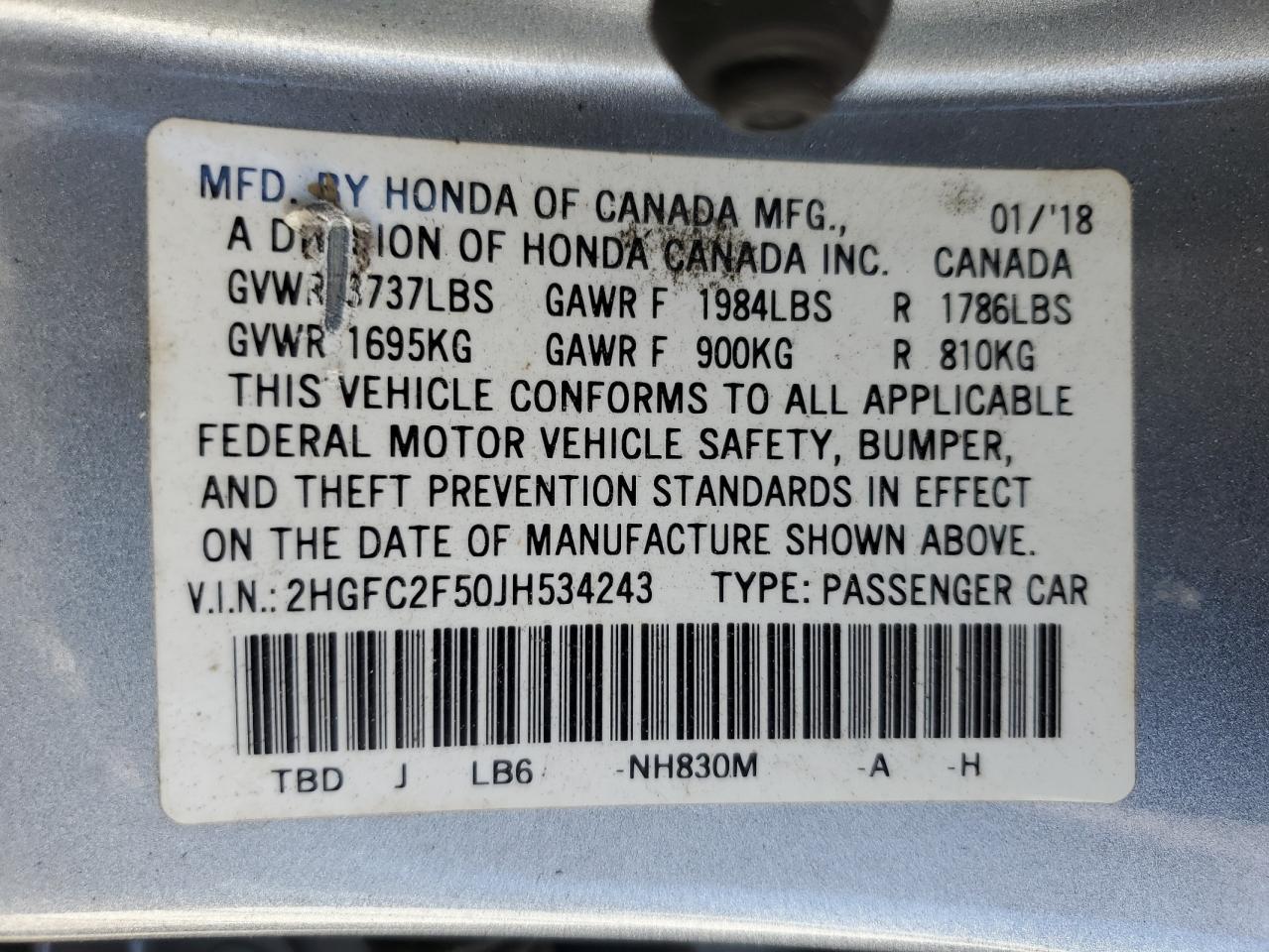 2018 Honda Civic Lx VIN: 2HGFC2F50JH534243 Lot: 53613814