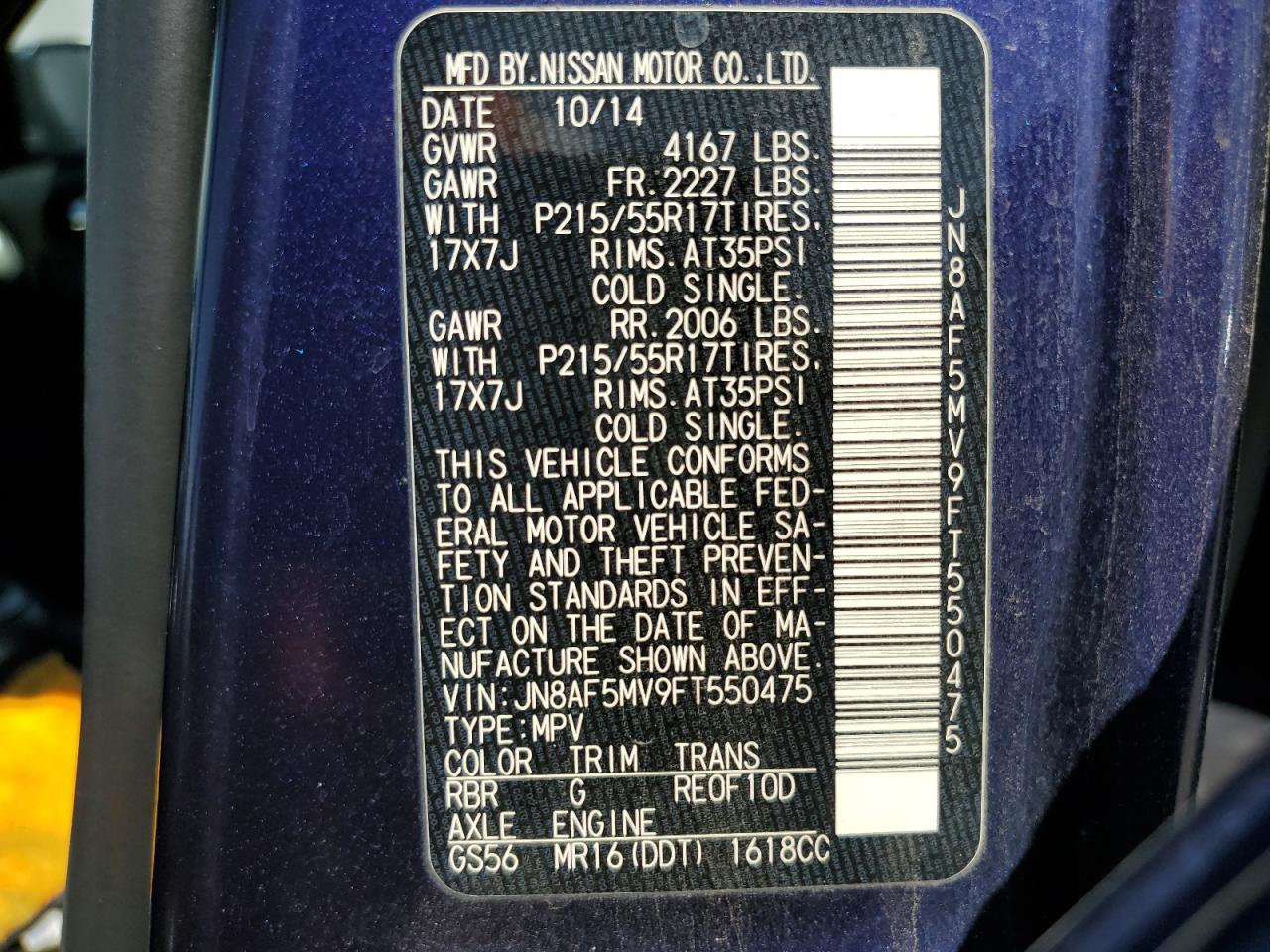 2015 Nissan Juke S VIN: JN8AF5MV9FT550475 Lot: 56826124