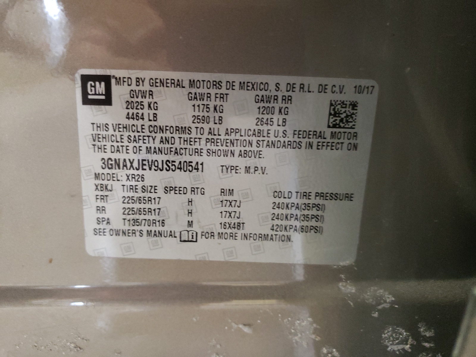 3GNAXJEV9JS540541 2018 Chevrolet Equinox Lt