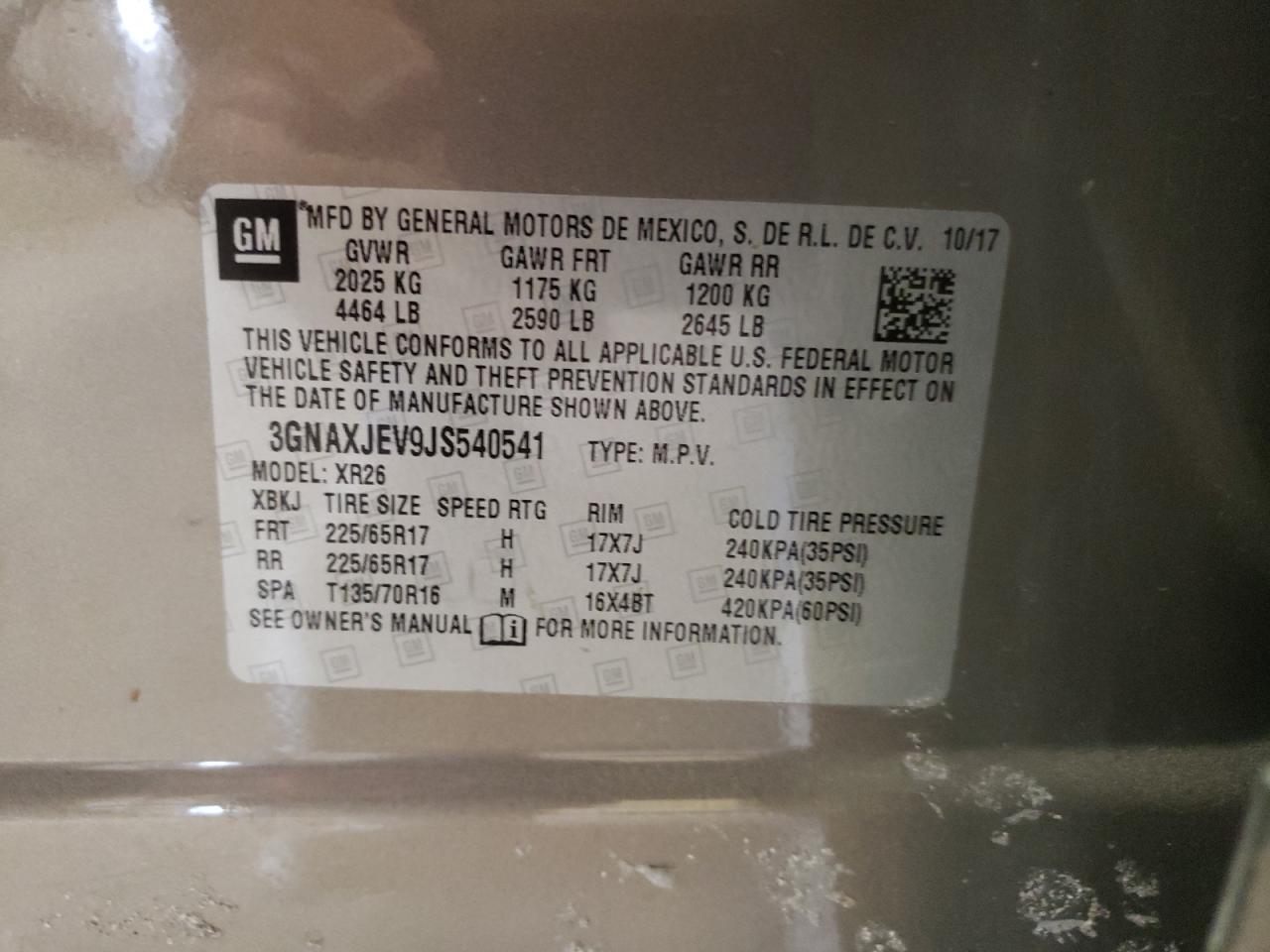 2018 Chevrolet Equinox Lt VIN: 3GNAXJEV9JS540541 Lot: 56526184