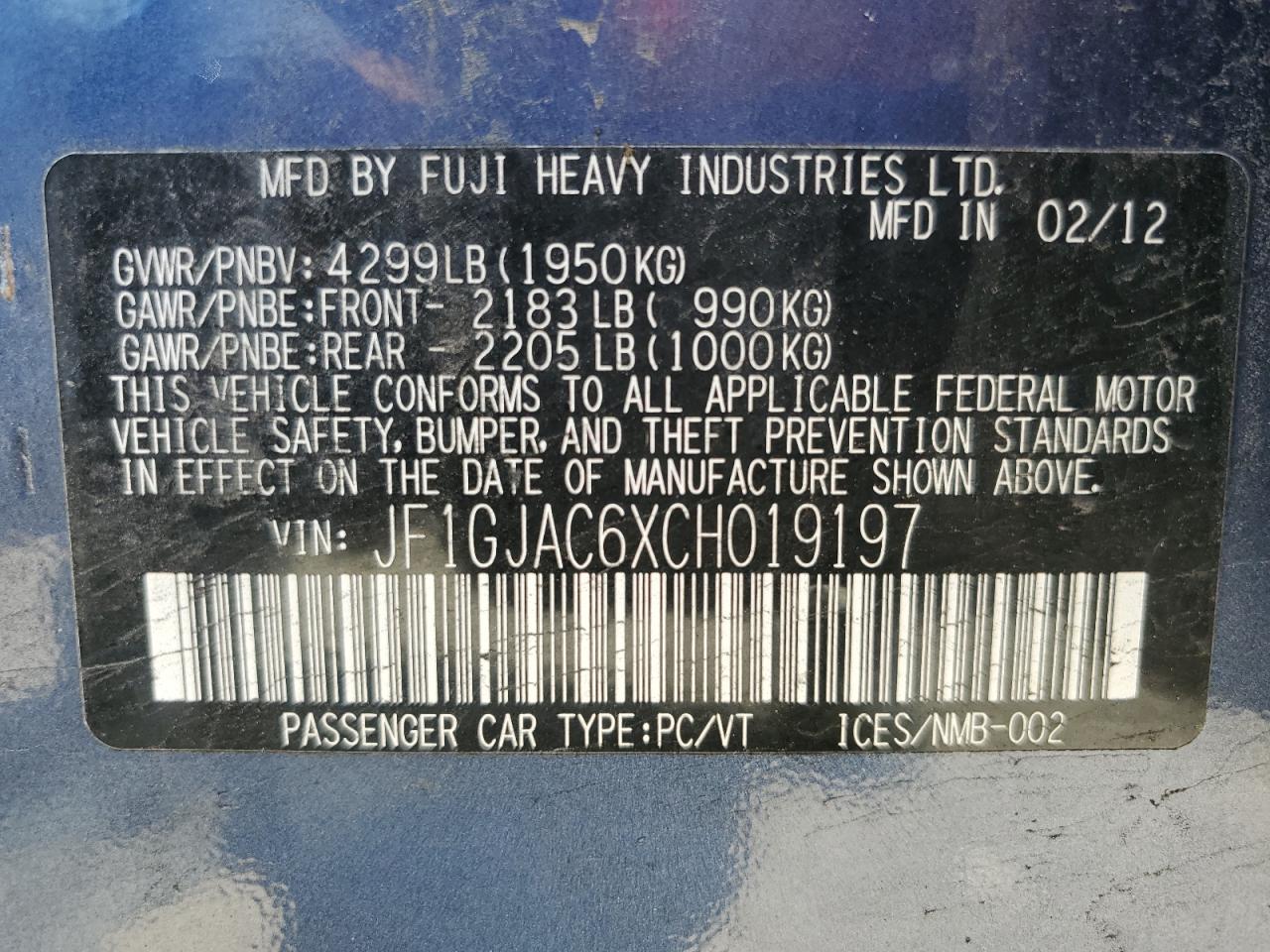 2012 Subaru Impreza Premium VIN: JF1GJAC6XCH019197 Lot: 56183654
