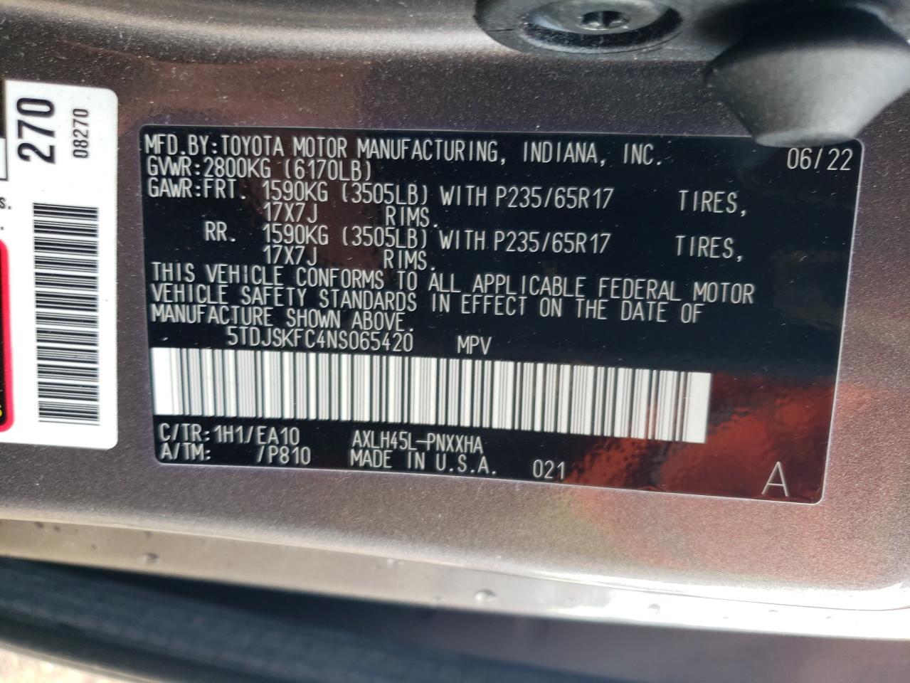 2022 Toyota Sienna Xle VIN: 5TDJSKFC4NS065420 Lot: 54336494