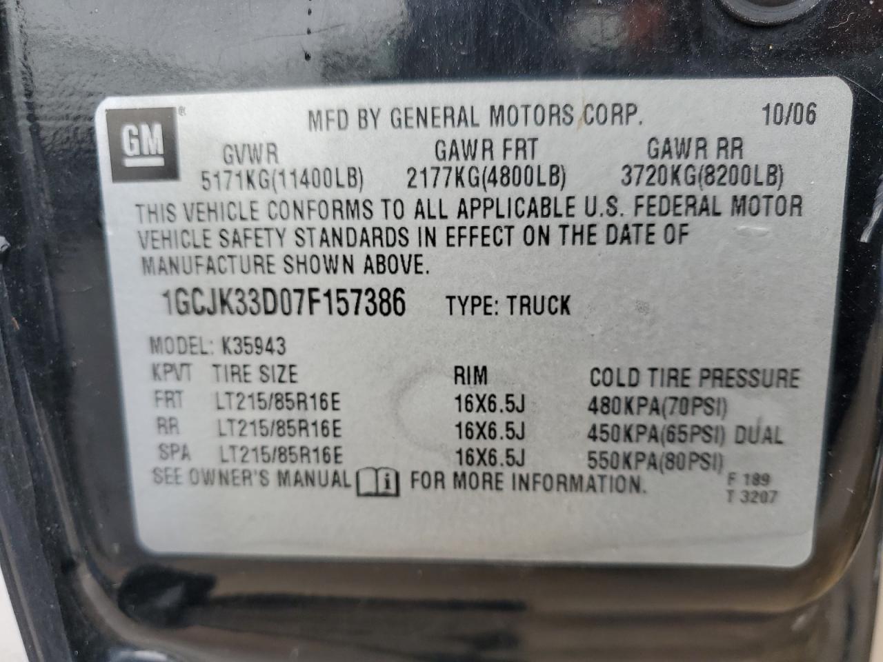 2007 Chevrolet Silverado K3500 VIN: 1GCJK33D07F157386 Lot: 55004794