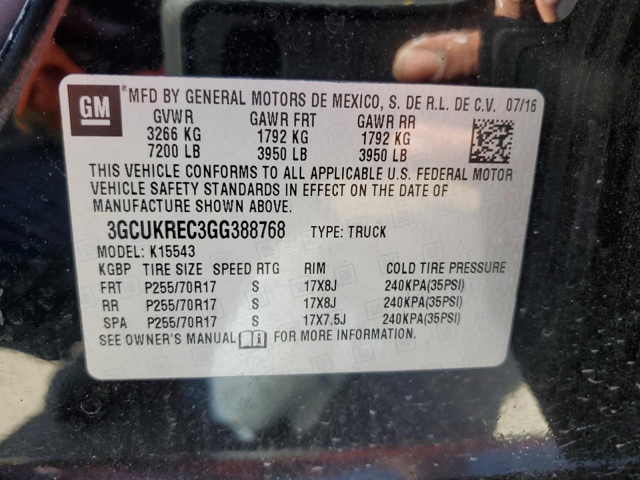 3GCUKREC3GG388768 2016 Chevrolet Silverado K1500 Lt