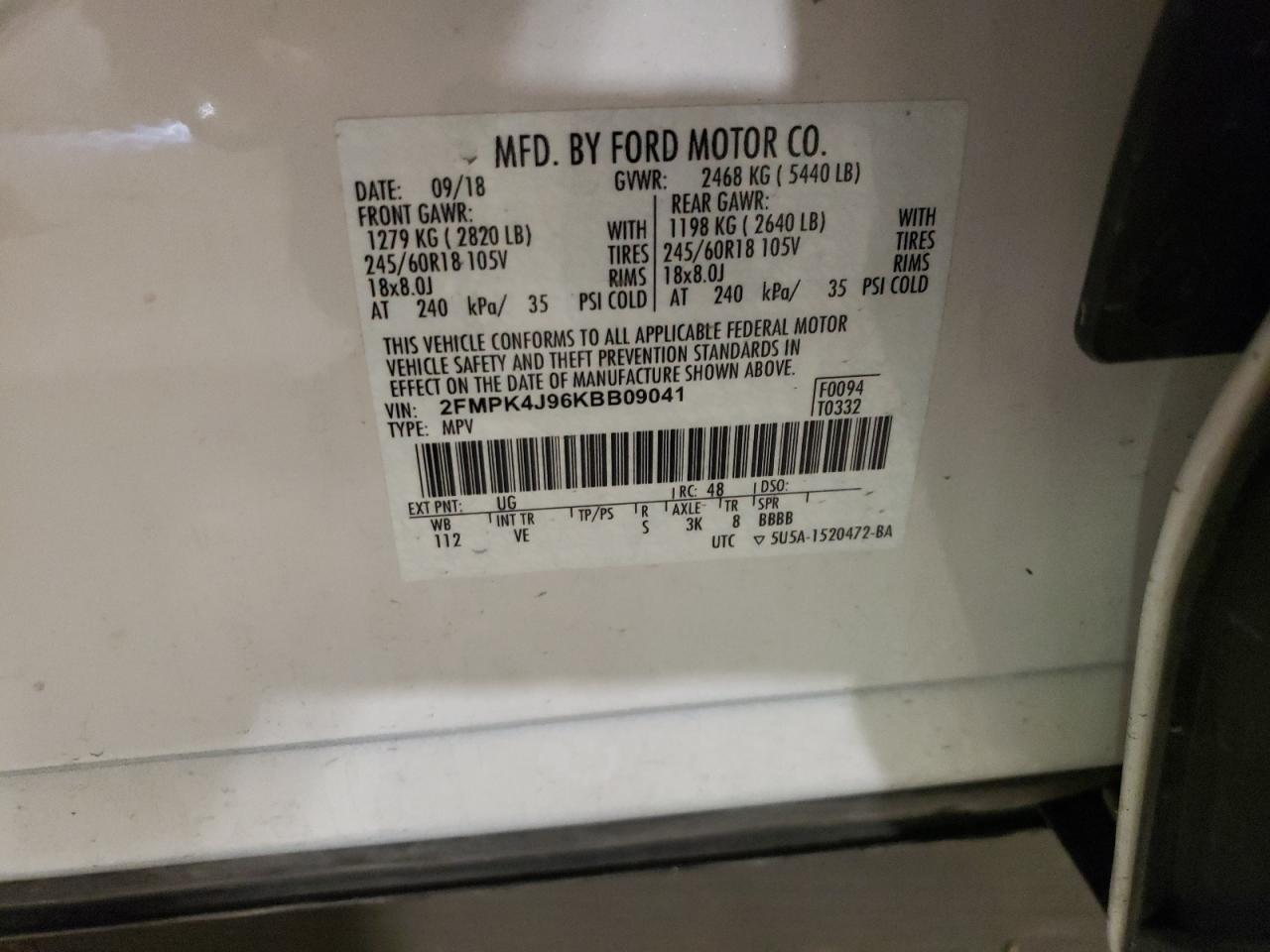 2019 Ford Edge Sel VIN: 2FMPK4J96KBB09041 Lot: 54774744