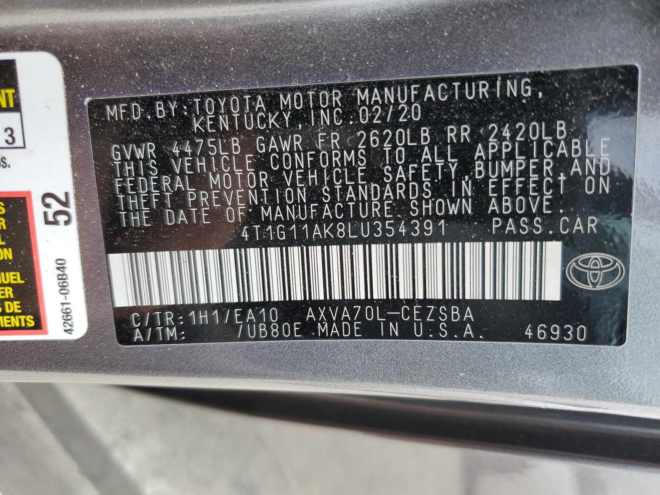 4T1G11AK8LU354391 2020 Toyota Camry Se