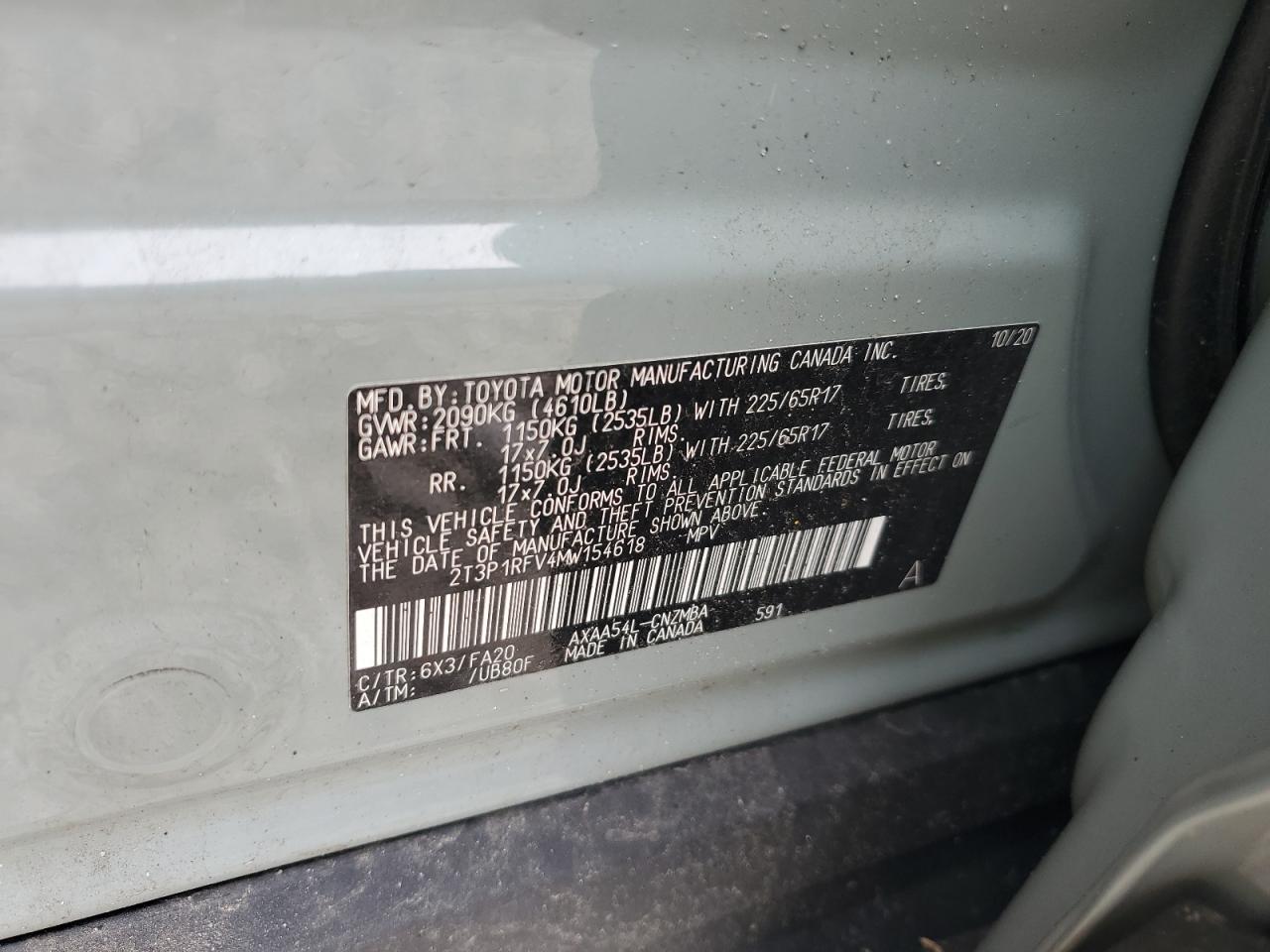 2021 Toyota Rav4 Xle VIN: 2T3P1RFV4MW154618 Lot: 55365874