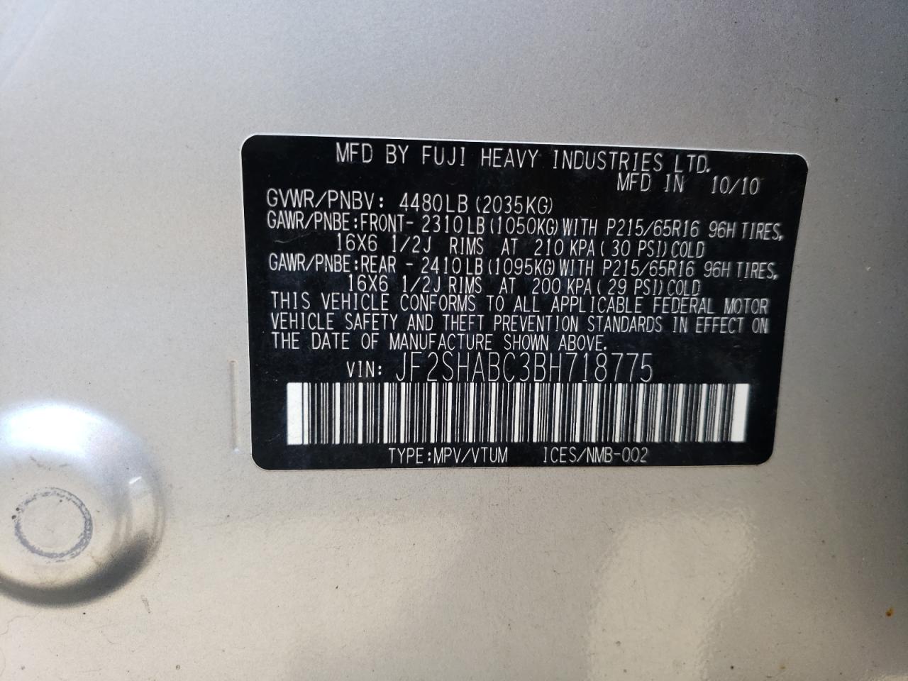 2011 Subaru Forester 2.5X VIN: JF2SHABC3BH718775 Lot: 54836394